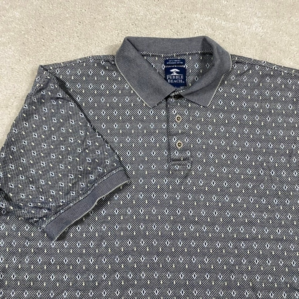 VTG 90s Pebble Beach Polo Shirt Mens Large Mercerized Cotton Blue Geometric AOP